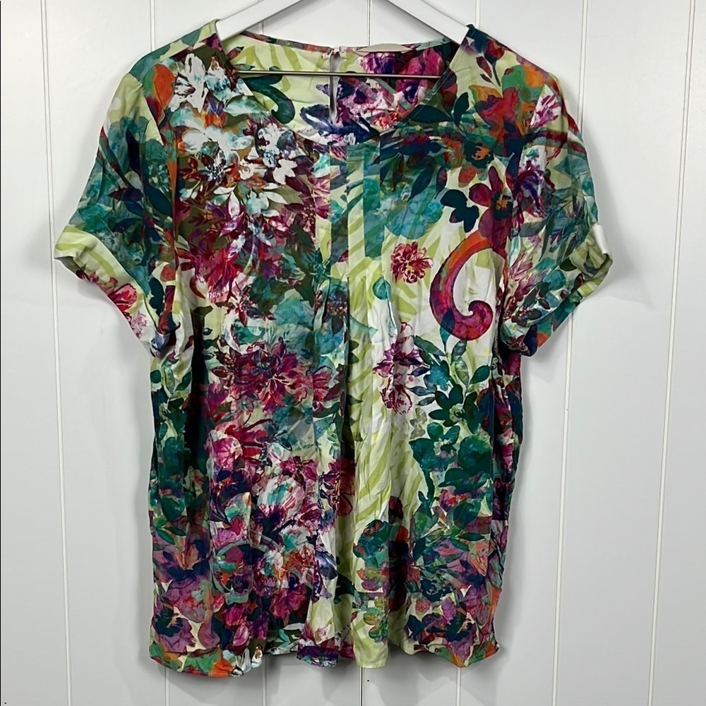 Soft Surroundings Santamar Top No Size Tag Purple Green Pullover Keyhole/Button